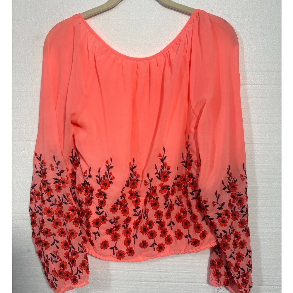 Free People Embroidered Peasant Blouse Coral Floral Boho Long Sleeve Size XS - Picture 8 of 11